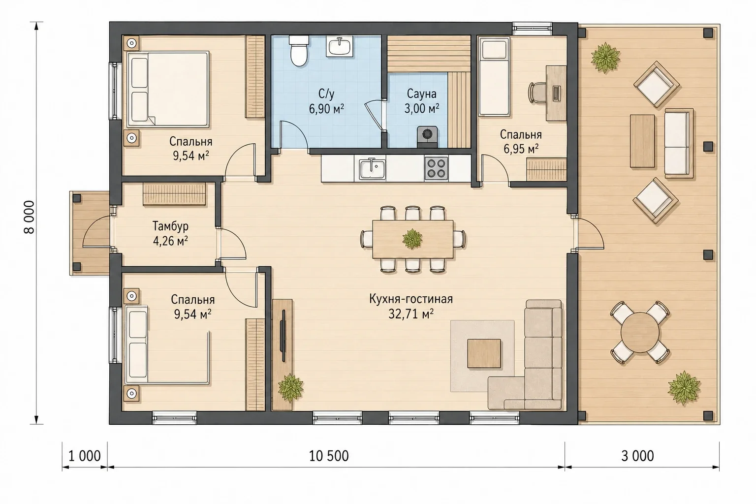 Планировка проекта «Берген 85» 85 м² с тремя спальнями, сауной и террасой